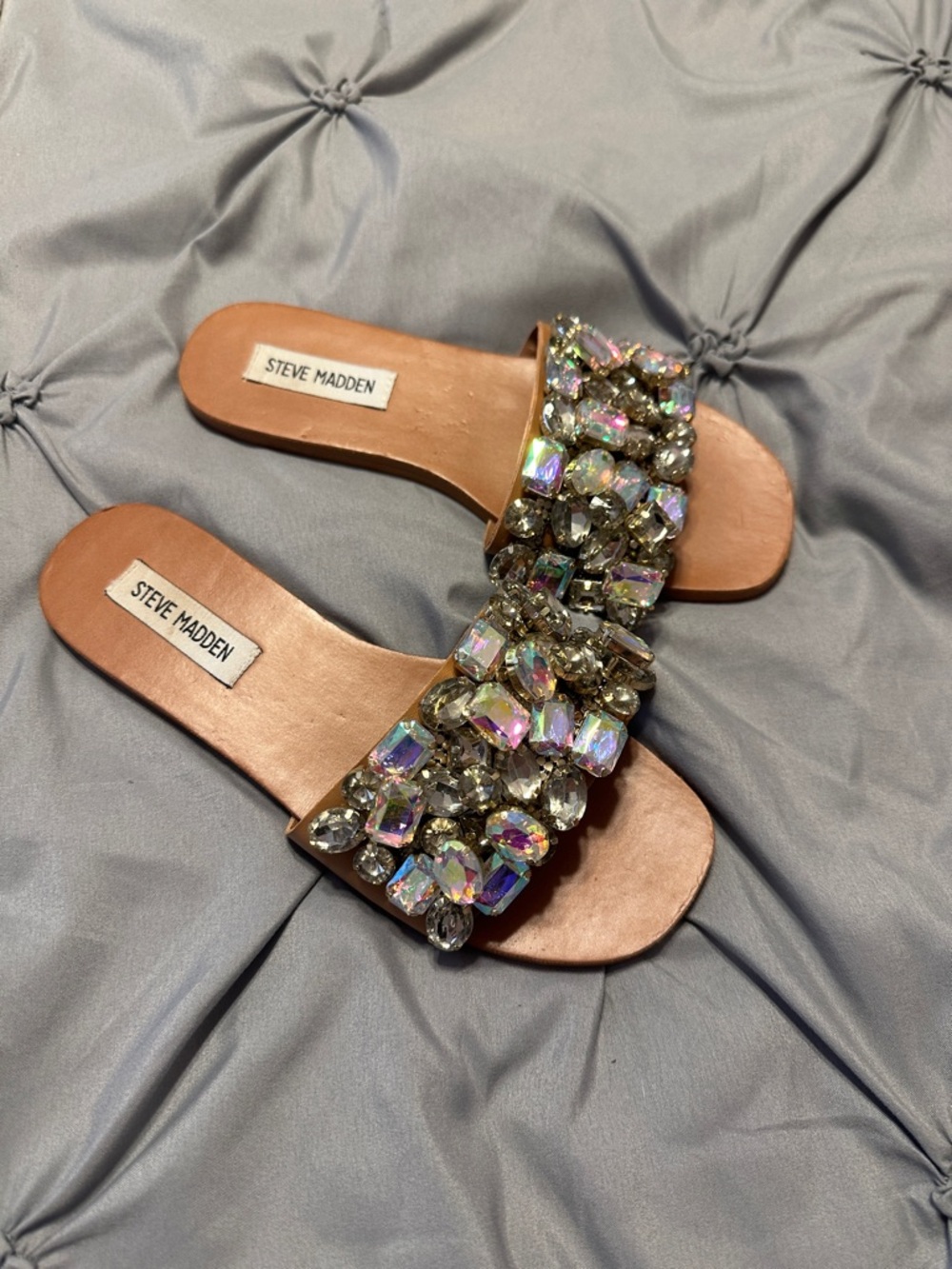 Steve Madden Rose Gold Slide Sandals with Iridescent Crystal Embellishments